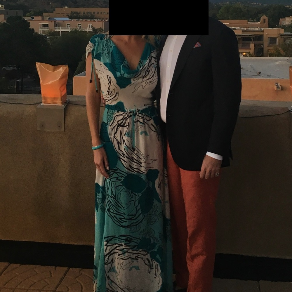 “FALLS” boutique brand turquoise, white, black print maxi dress